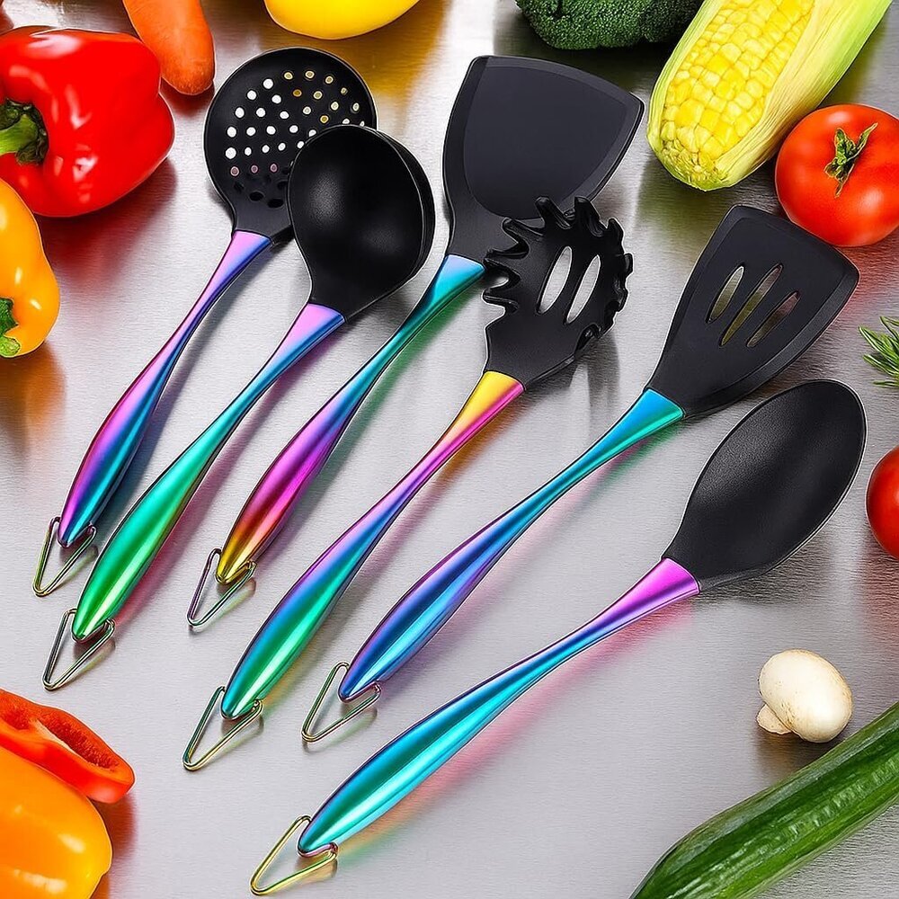 Silicone Cooking Utensils Set, 9Pcs Kitchen Utensil Set with Stainless Steel Han - Picture 2 of 9